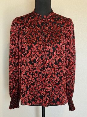 Alice + Olivia Womens Small Red Black Serena Burnout Velvet Blouse